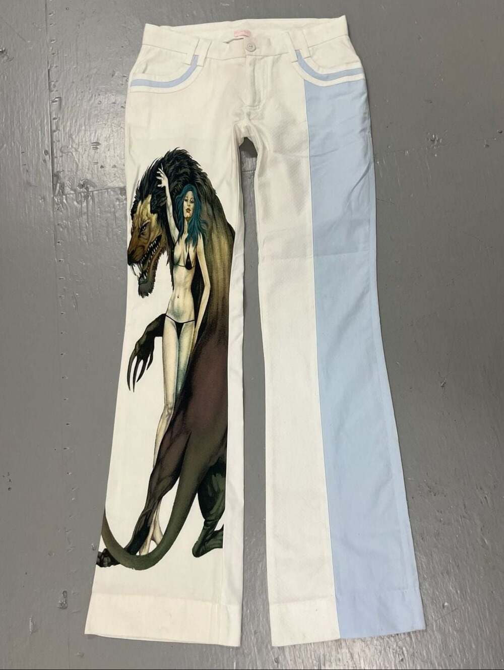 Custo Barcelona White Linen Mythical Beast Graphic Pants